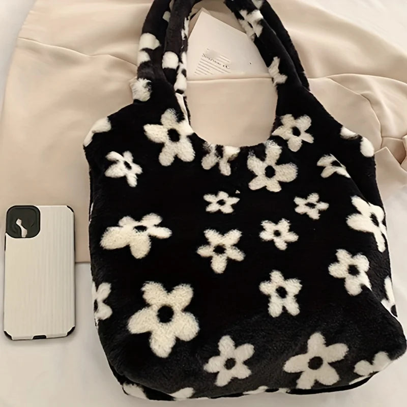 Chic Floral Faux Fur Tote Bag - Soft Plush Shoulder Handbag Women - Soft