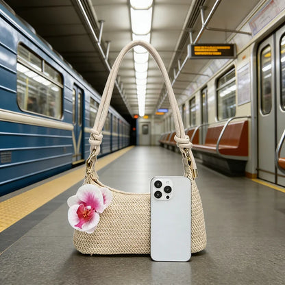 Straw Woven Tote Bag – Summer Shoulder Bag with Flower Pendant for Women