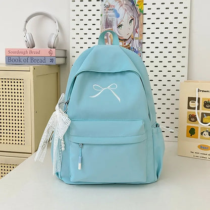 Portable Embroidered Bow Girls Backpack Solid Color Nylon Students Schoolbag Lightweight Large