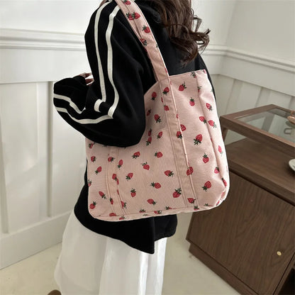 Chic Pink Strawberry Pattern Corduroy Tote Bag Women Work Shopping Handbag Shoulder