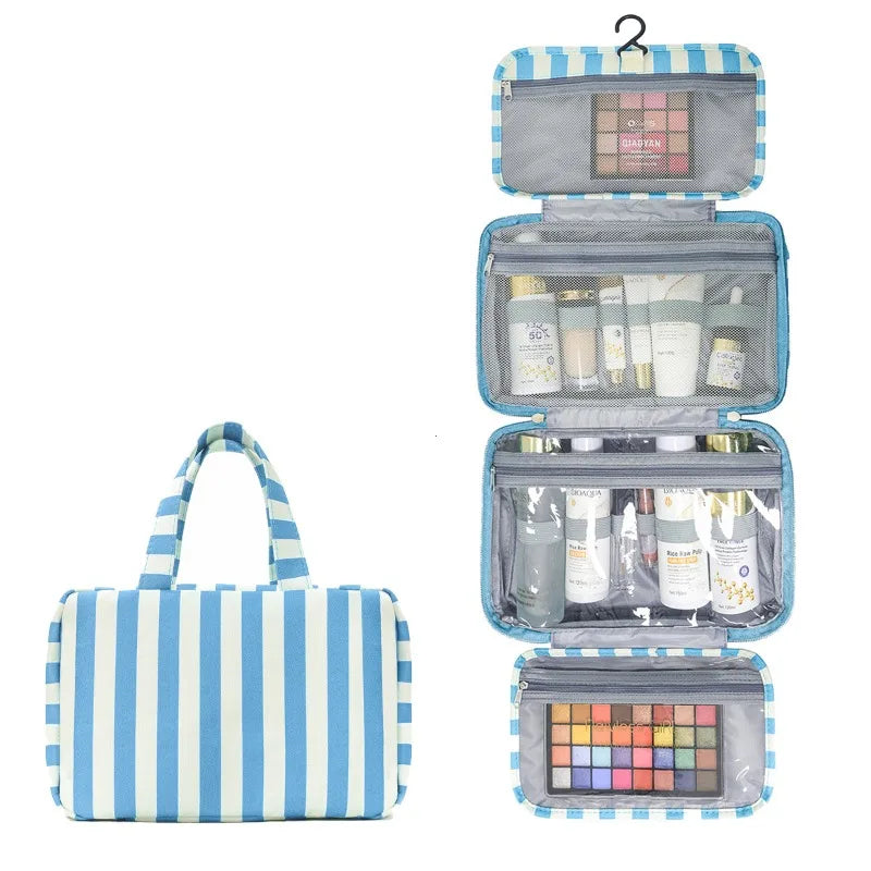 Portable Hanging Travel Toiletry Bag 4-Fold Hook Makeup Large Capacity Striped Cosmetic Purse Pouch