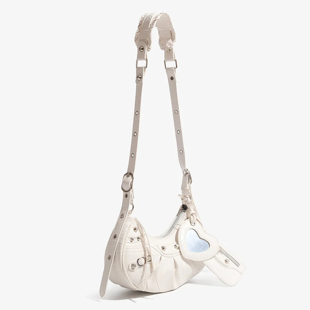 Motorcycle Bag Underarm Rivet Tassel Three-In-One Crescent Folded Cowhide Single Shoulder Slant