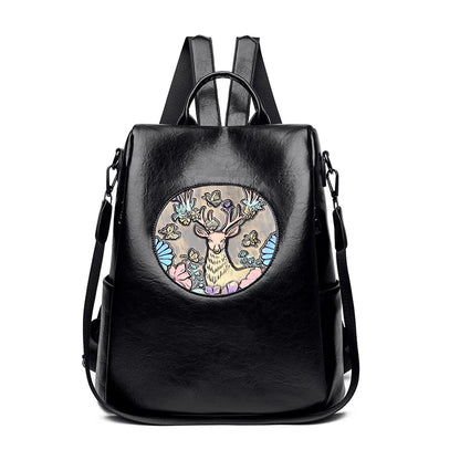 Anti-Theft Backpack with Deer & Elephant Print – 3-in-1 Waxed Leather Shoulder Bag