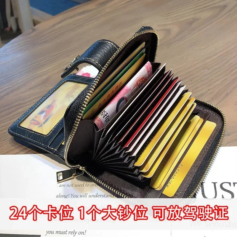 Purse Women Short Leather Niche Design Thousand Bird Lattice Lady Folding Organ Card Documents Clip