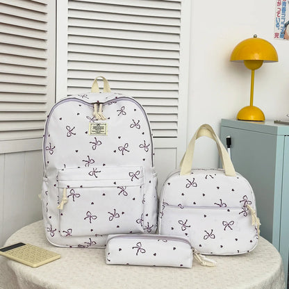 Sweet Fresh Bow Print Three Piece Backpack Set Lightweight Large Capacity College Style Campus