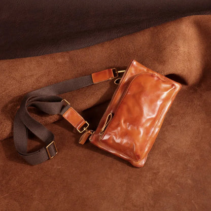 Plant Tanned Pleated Mobile Phone Containing Leather Cowhide Breast Bag Man Retro Motorcycle Sling