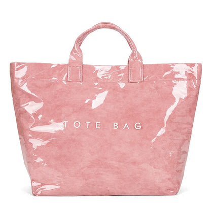 Waterproof Glossy Tote Bag with Letter Print & Double Handles