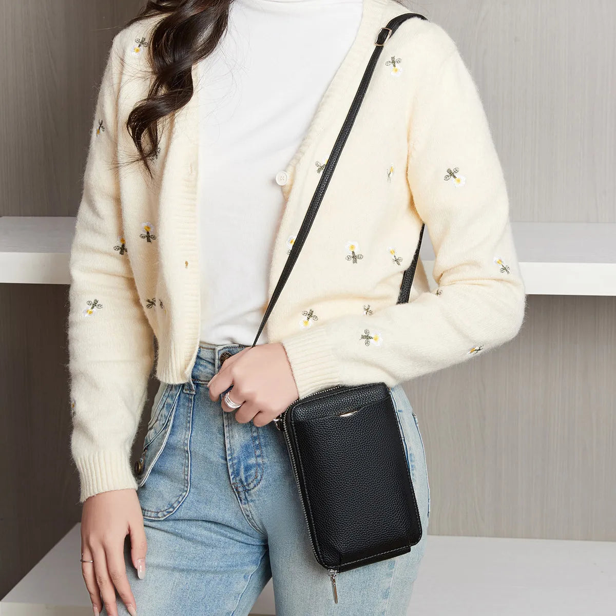 Lychee-Patterned Soft Leather Vertical Zipper Mobile Phone Bag Large-Capacity Women S