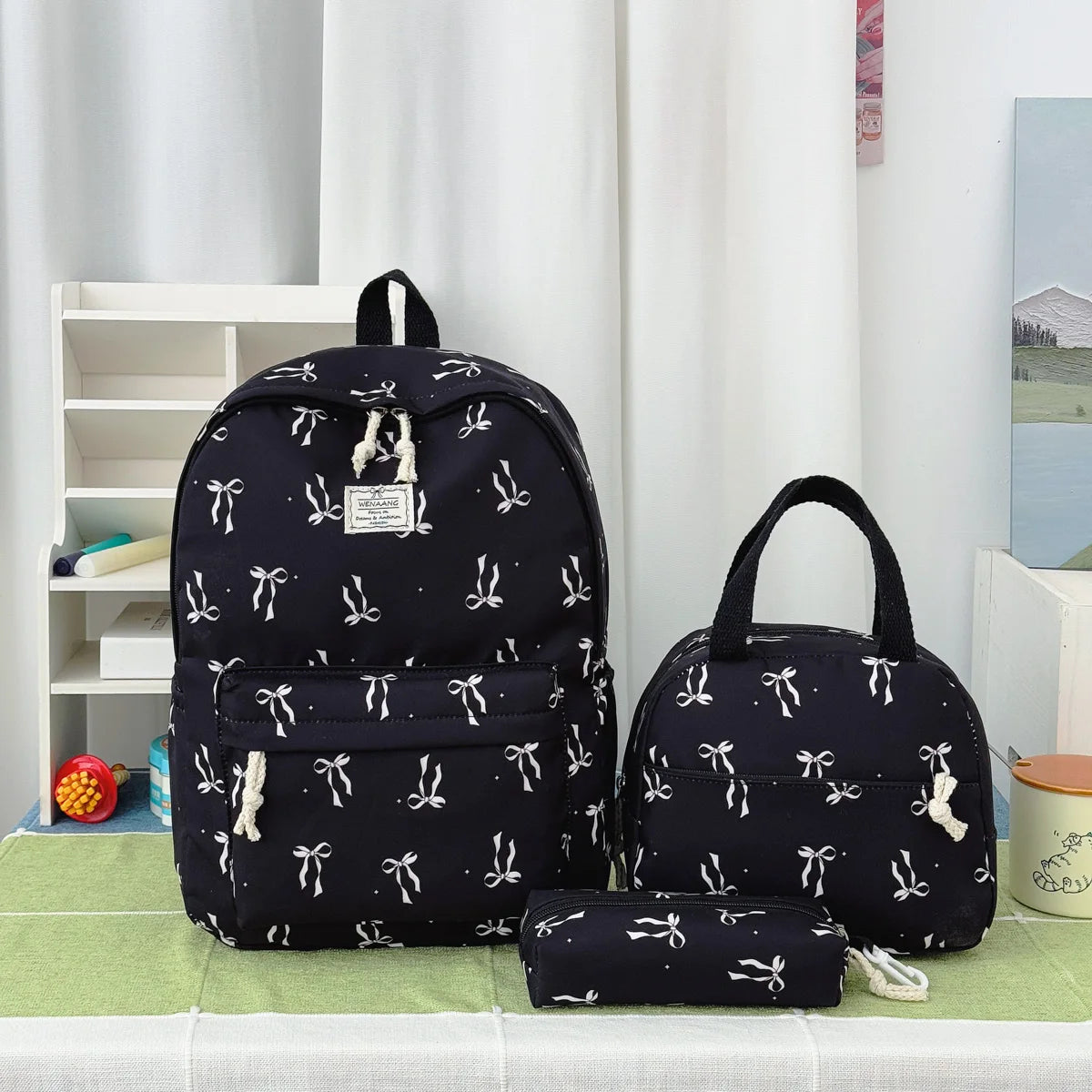 Sweet Girl Style Bow Print Three Piece Backpack Set Nylon Lightweight Large Capacity Campus