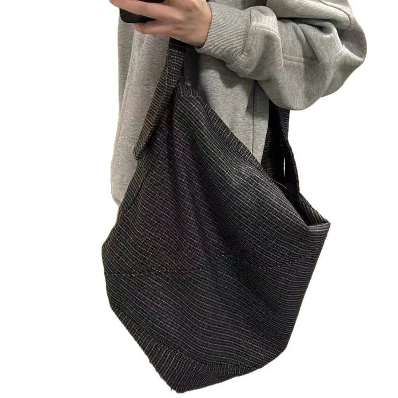 British Style Large Capacity Commuter Tote Bag Lightweight Plaid Lazy Neutral Canvas Zipper Daily