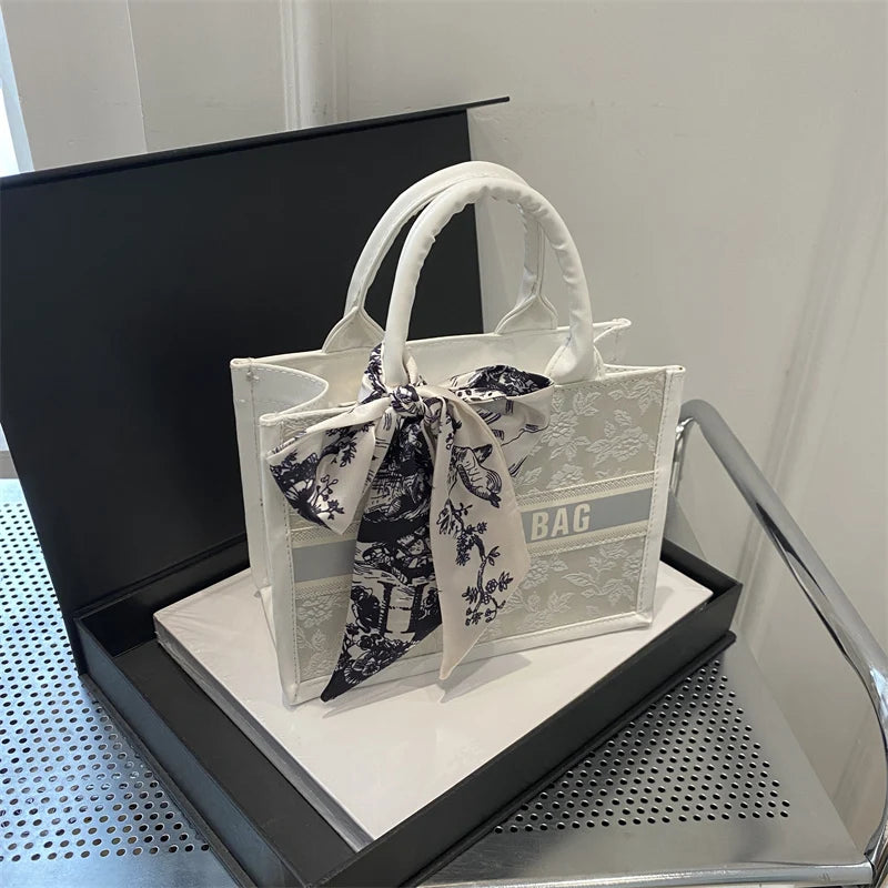 Chic Embroidered Handbag Silk Scarf Bow Women Tote Bag Pu Leather Letter Underarm Commute Shopping