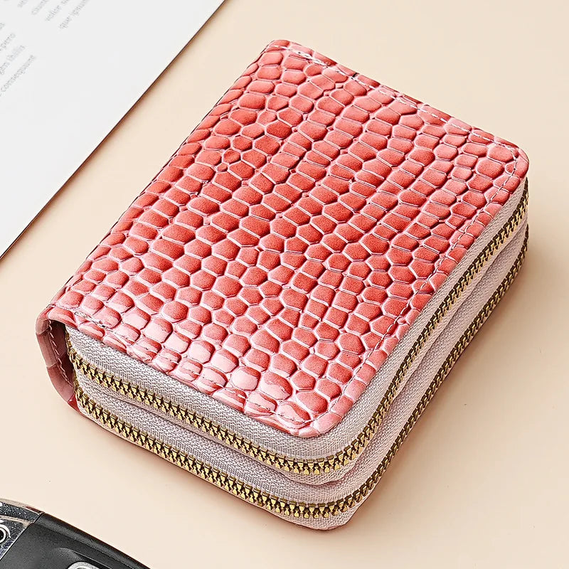 Crocodile Print Solid Color Organ Double Zipper Card Bag Multi-Card Large Capacity Sleeve Purse