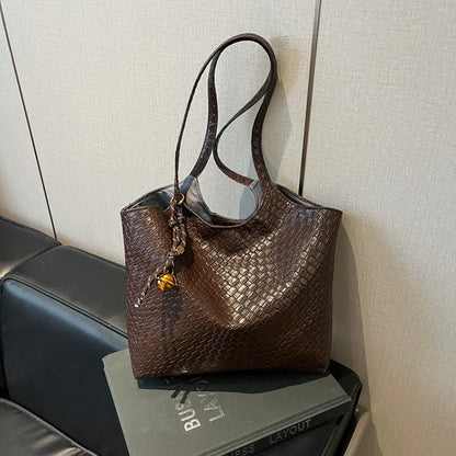 Woven Leather Tote Bag for Women – Soft Shoulder Handbag with Braided Pendant