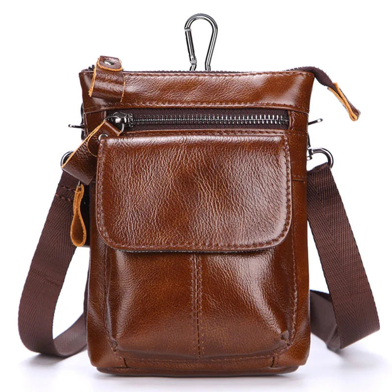 Outdoor Leisure Men S Real Leather Waist Bag Head Layer Cowhide Multi-Function Zipper Body