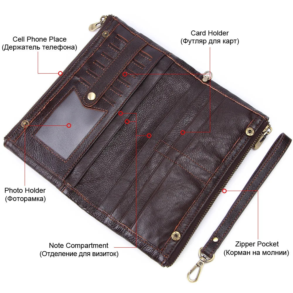 Men S Long Wallet Large Capacity Retro Real Leather Mobile Phone Thin Hand Business