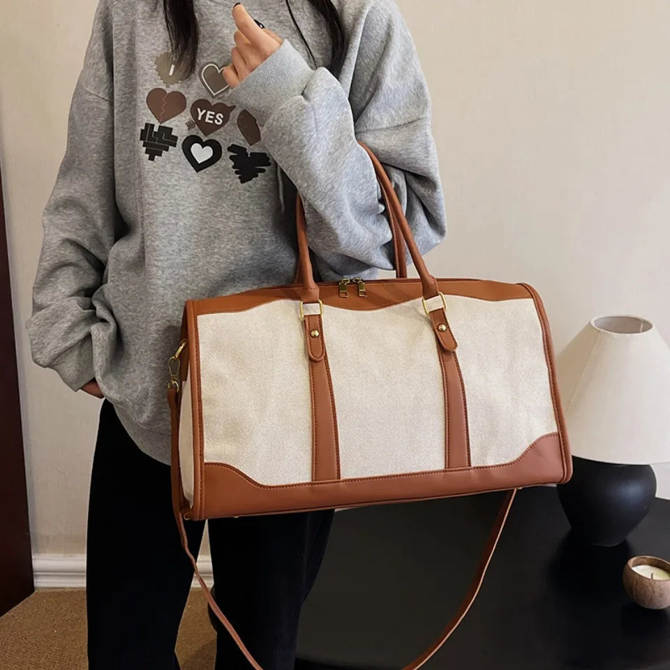 Large Travel Duffle Bag for Women – Vintage Canvas & PU Leather Weekender