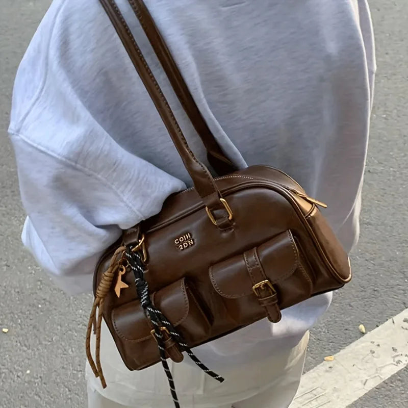Multi-Pocket Shoulder Bag with Gold Hardware & Letter Detail