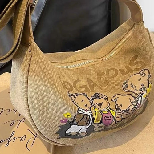 Crossbody Bag Girls Trendy Cartoon Teddy Bear Saddle Bag Large Capacity Fashionable Canvas Dumpling