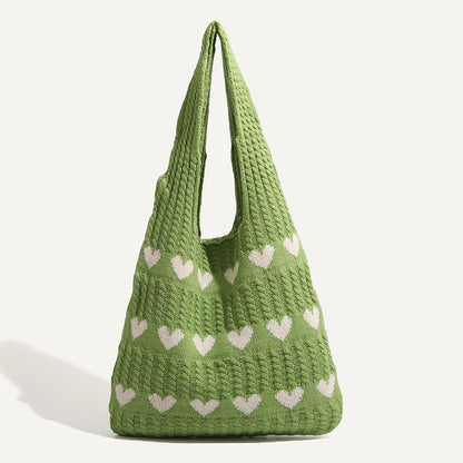 Knitted Love Pattern Tote Bag Stylish Woven Handbag Shoulder Bag Women Party Work