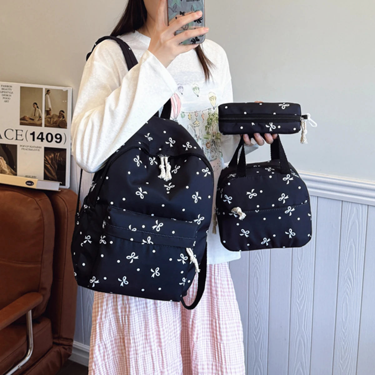 Campus Romance Trio Bow Pattern Backpack Handbag Quilted Multi-Pocket Large Capcity University Daily