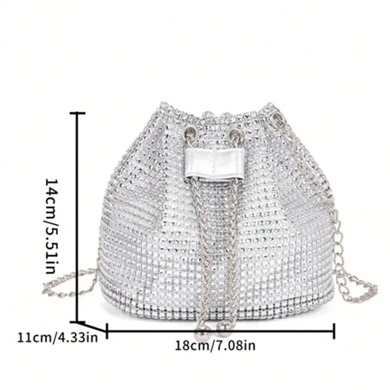 Rhinestone Bucket Bag – Women's Sparkling Drawstring Crossbody Purse