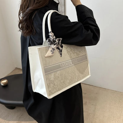 Stylish Jacquard Tote Bag Large Capacity Top Handle Bags Purse Silk Scarf Accent Women S Everyday