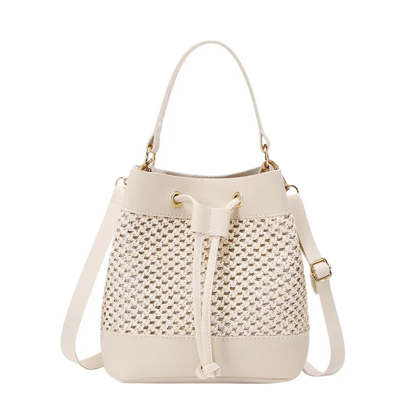 Faux Leather Straw Crossbody Bags Drawstring Closure