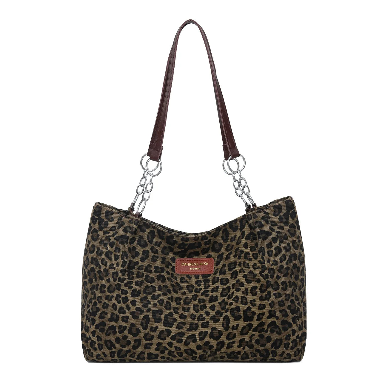 Chic Leopard Print Tote Bag Brown Leather Handles Silver Chain Accent Spacious Handbag Shoulder