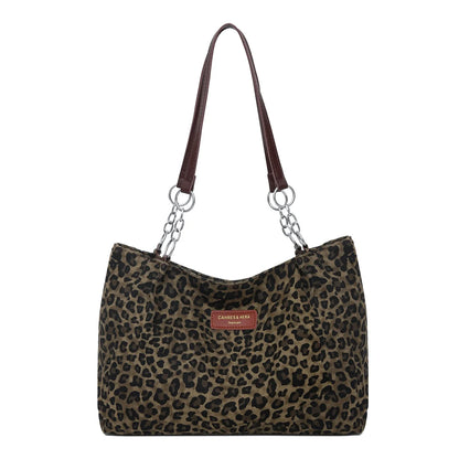Chic Leopard Print Tote Bag Brown Leather Handles Silver Chain Accent Spacious Handbag Shoulder