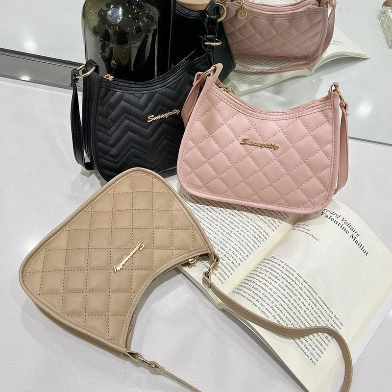 Chic Quilted Pu Handbag Shoulder Bag Women Daily Use Large Capacity Underarm Bag Zipper Closure