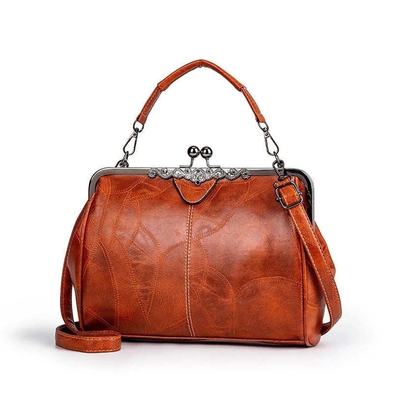 Vintage Kiss-Lock Handbag – Leather Crossbody Tote for Women