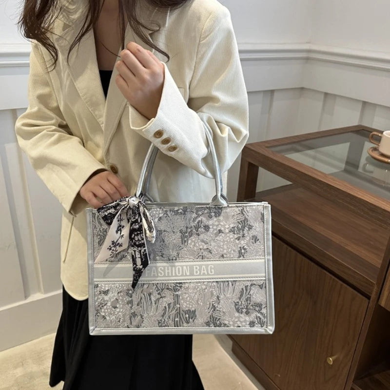 Stylish Jacquard Tote Bag Large Capacity Top Handle Bags Purse Silk Scarf Accent Women S Everyday