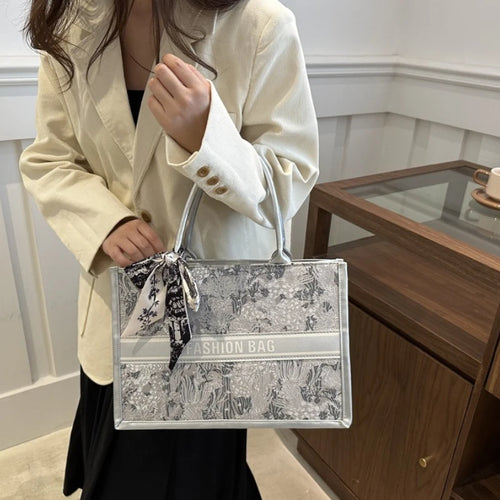 Stylish Jacquard Tote Bag Large Capacity Top Handle Bags Purse Silk Scarf Accent Women S Everyday