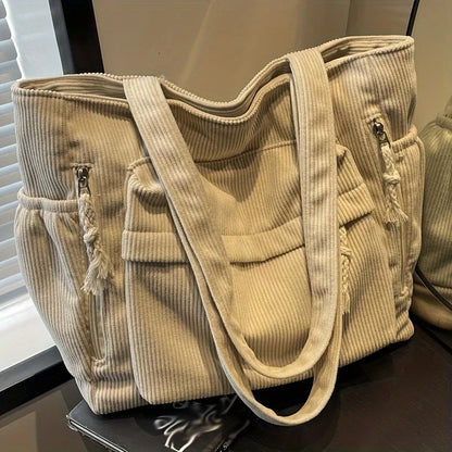 Corduroy Tote Bag Multiple Pockets Casual Chic Handbag Women Shoulder Bags Woman Perfect Shopping