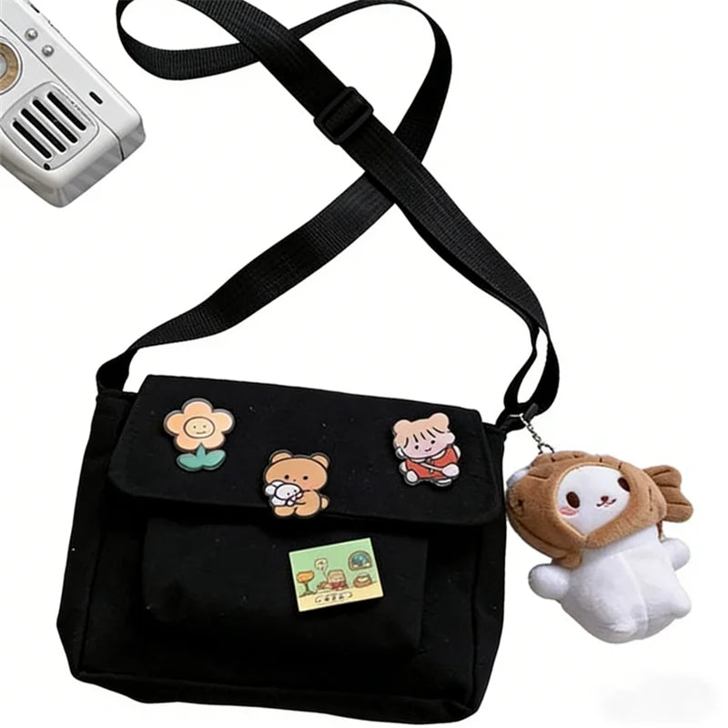 Cute Canvas Crossbody Bag with Pins – Lightweight Shoulder Bag for Women