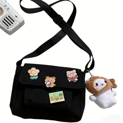 Cute Canvas Crossbody Bag with Pins – Lightweight Shoulder Bag for Women