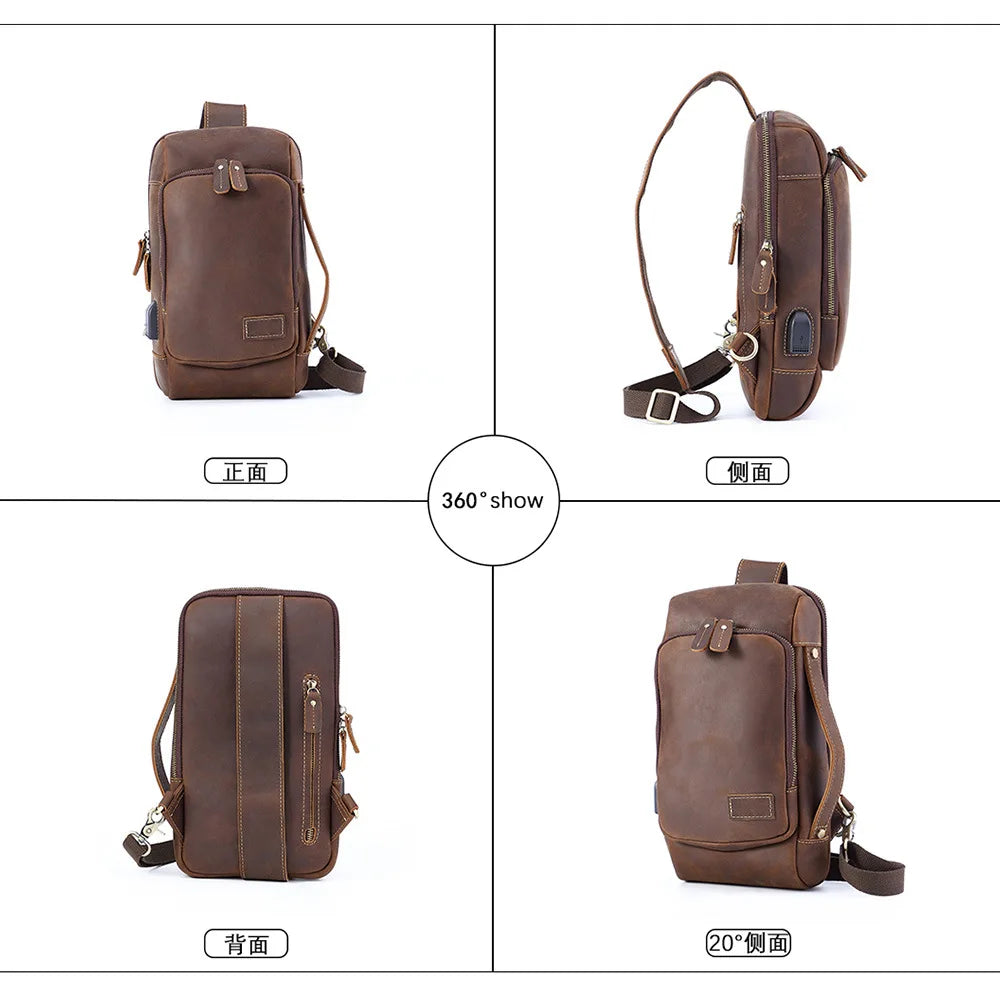 Retro Men S Chest Bag Genuine Leather Chest Large-Capacity Hand-Held Crossbody Backpack