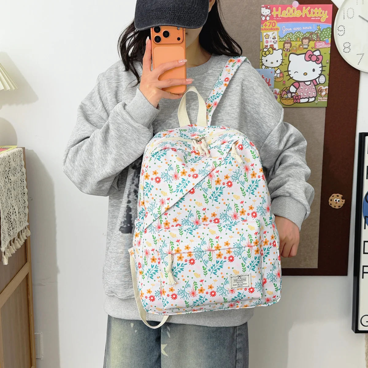 Sweet Fresh Floral Print Backpack Teen Girls Light Weight Multi-Purpose Large Capacity School Bag