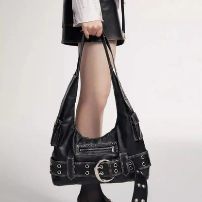 Black Leather Shoulder Bag – Y2K Belt Buckle & Eyelet Hardware
