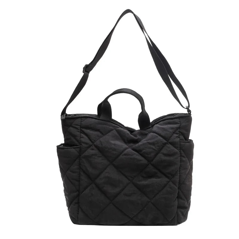 Quilted Nylon Tote Bag – Detachable Strap Multi-Pocket Shoulder Bag
