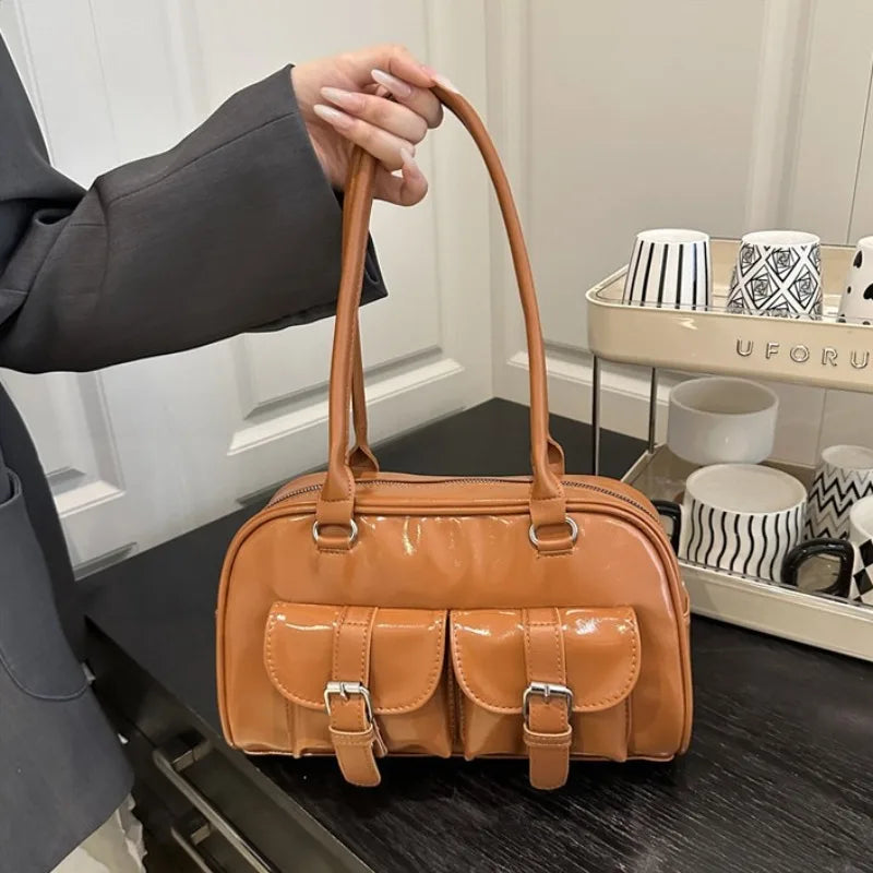 Patent Leather Tote Bag for Women – Retro Buckle Shoulder Handbag