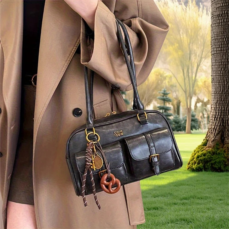 Women's Multi-Pocket Shoulder Tote Bag with Gold Hardware