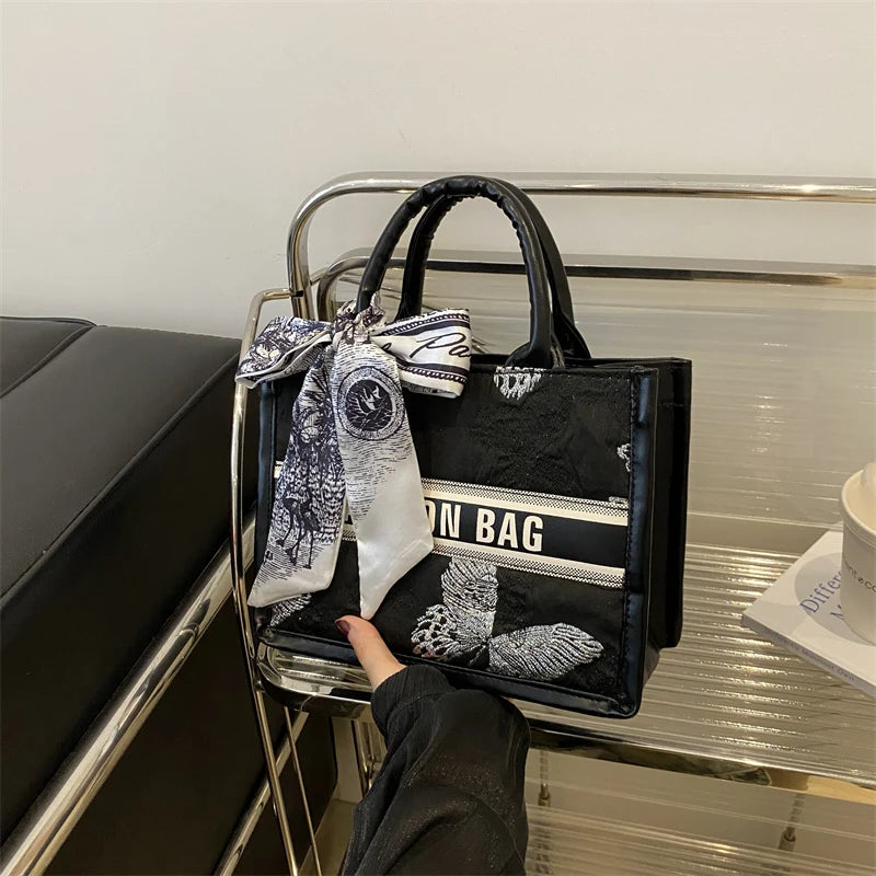 Chic Embroidered Handbag Silk Scarf Bow Women Tote Bag Pu Leather Letter Underarm Commute Shopping