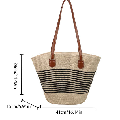 Spring Summer Casual Shoulder Bag Beach Vacation Tote Straw Woven Large Capacity Handbag Play Travel