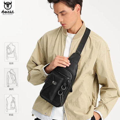 Men S Genuine Leather Chest Bag Soft Top Layer Cowhide Lock Mobile Phone Storage Chain