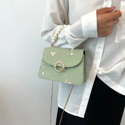 Pearl Chain Floral Embroidered Mini Shoulder Bag