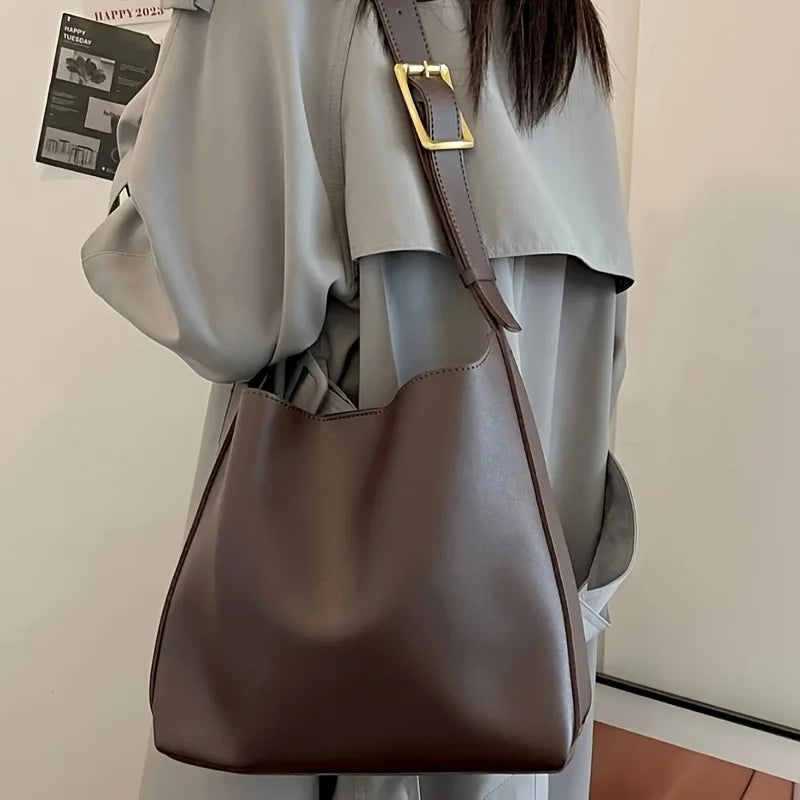 Women's Faux Leather Bucket Tote Bag with Pouch