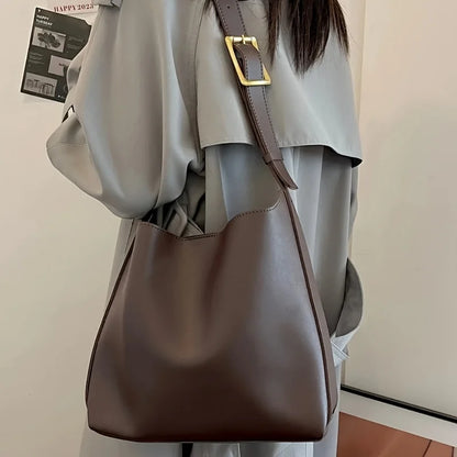 Women's Faux Leather Bucket Tote Bag with Pouch