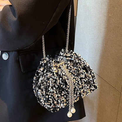 Silver Sequin Mini Pouch Crossbody Bags Pearl Drop Drawstring