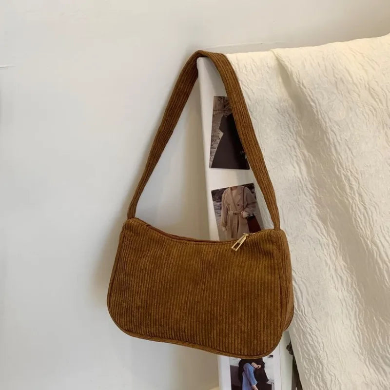 Minimalist Corduroy Versatile Bag Chain Accent Underarm Bag Zipper Closure Casual Shoulder Purse